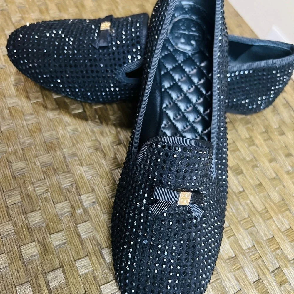 Tory Burch Black Studded Loafers with Gold Bow
